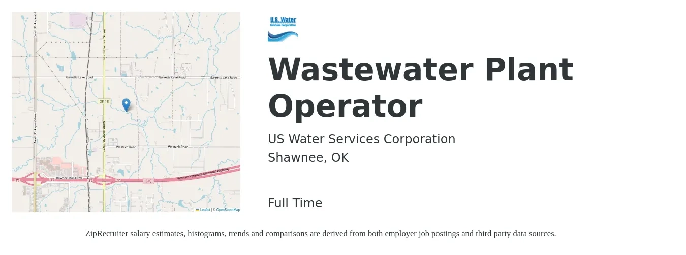 US Water Services Corporation job posting for a Wastewater Plant Operator in Shawnee, OK with a salary of $39,700 to $61,800 Yearly with a map of Shawnee location.