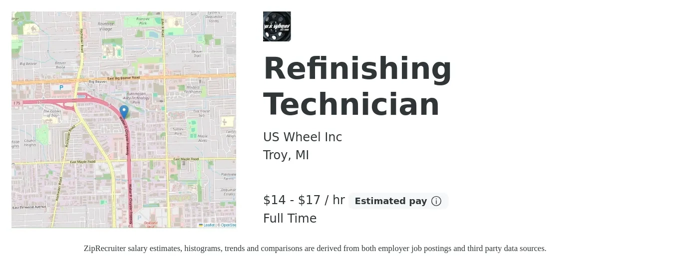 US Wheel Inc job posting for a Refinishing Technician in Troy, MI with a salary of $15 to $18 Hourly with a map of Troy location.