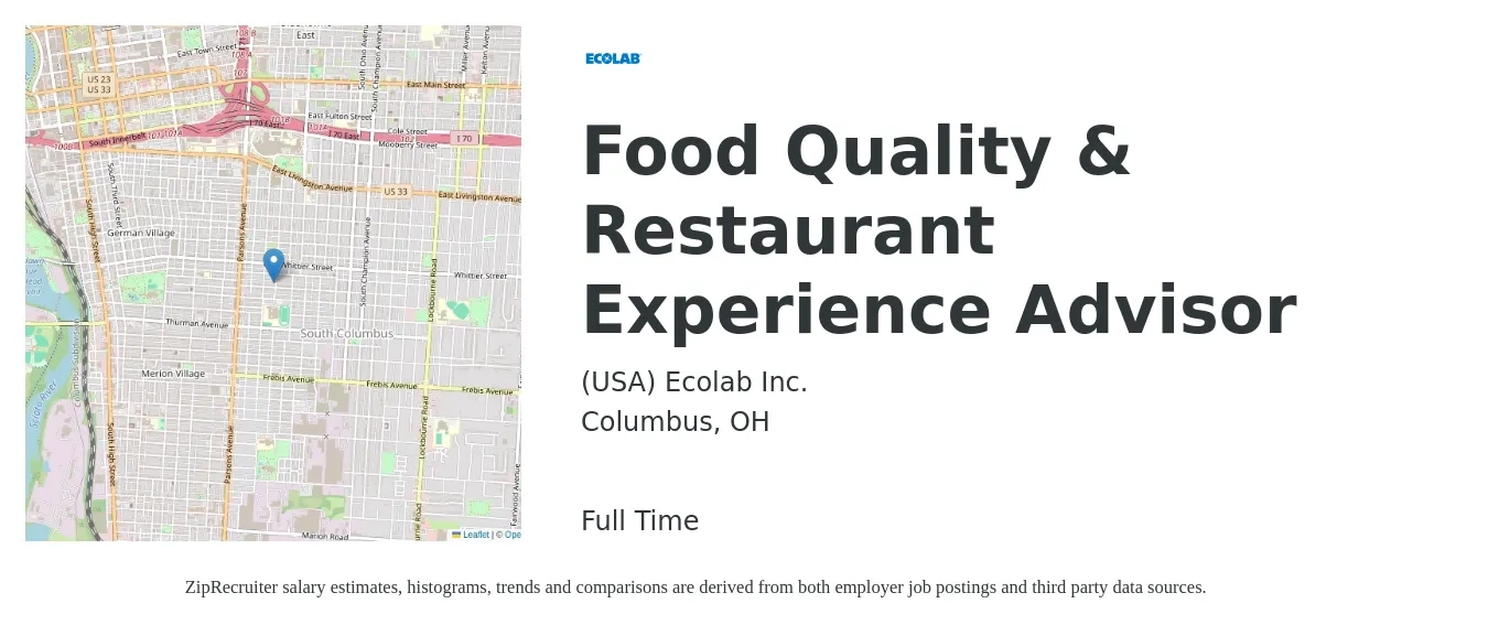 Ecolab job posting for a Food Quality & Restaurant Experience Advisor in Columbus, OH with a salary of $112,000 to $169,000 Yearly with a map of Columbus location.