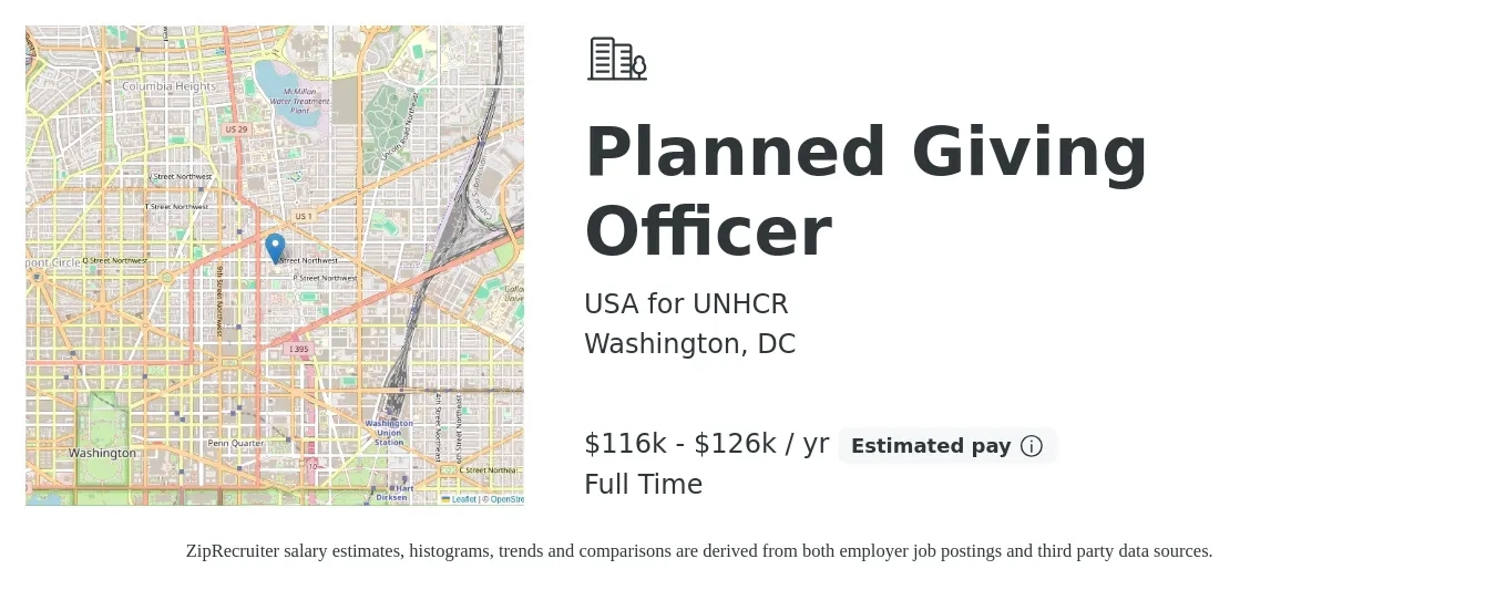 USA for UNHCR job posting for a Planned Giving Officer in Washington, DC with a salary of $116,359 to $126,937 Yearly with a map of Washington location.
