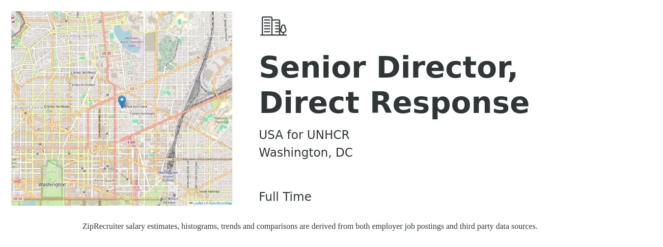 USA for UNHCR job posting for a Senior Director, Direct Response in Washington, DC with a salary of $164,813 to $183,125 Yearly with a map of Washington location.