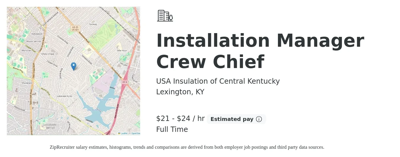 USA Insulation of Central Kentucky job posting for a Installation Manager Crew Chief in Lexington, KY with a salary of $22 to $25 Hourly with a map of Lexington location.