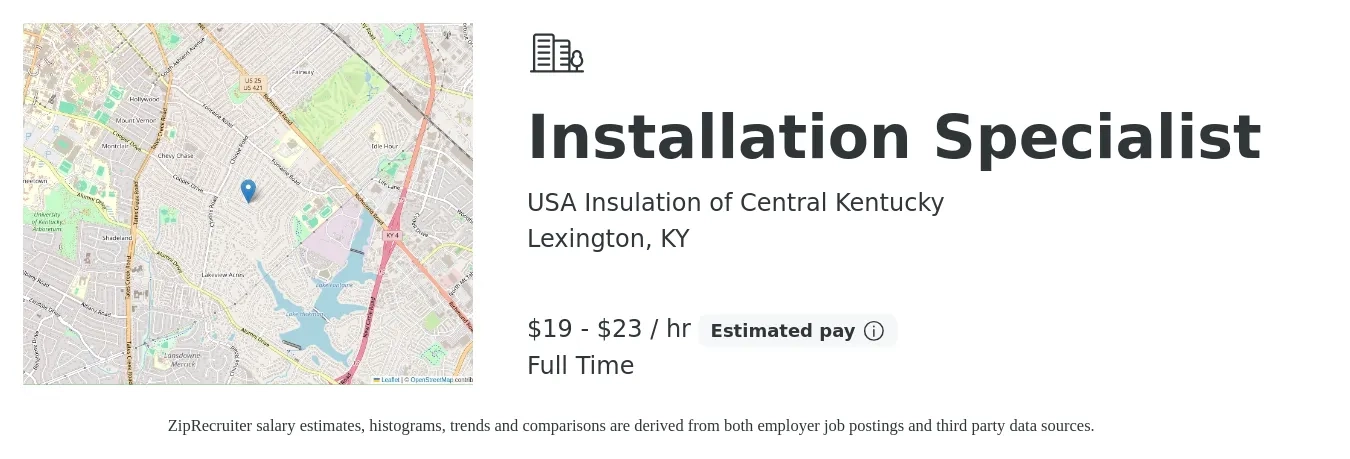 USA Insulation of Central Kentucky job posting for a Installation Specialist in Lexington, KY with a salary of $20 to $24 Hourly with a map of Lexington location.