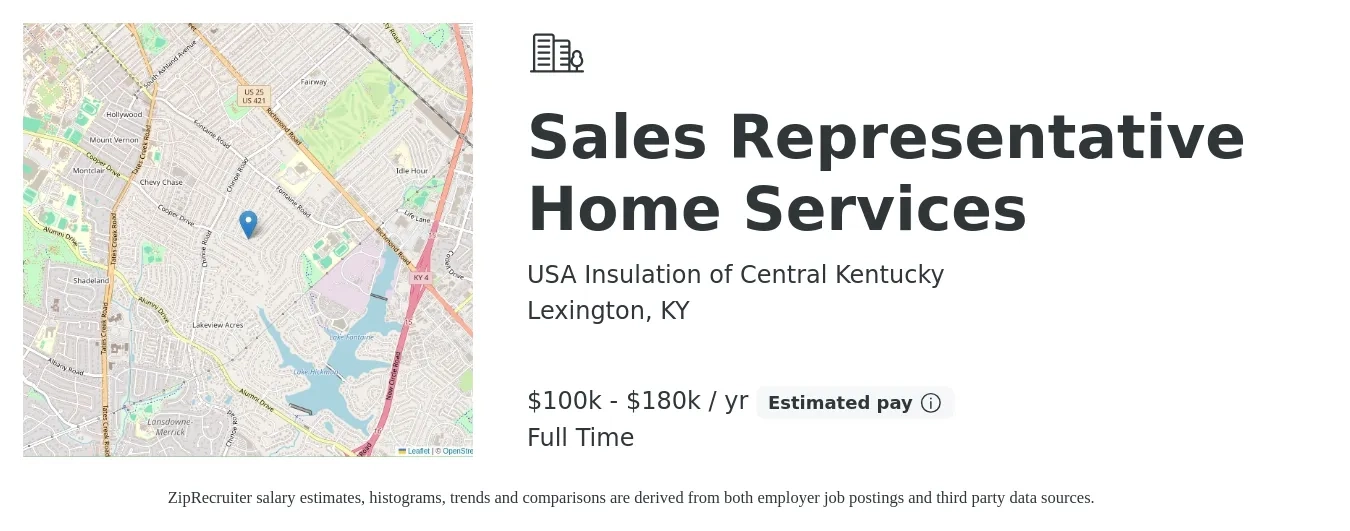 USA Insulation of Central Kentucky job posting for a Sales Representative Home Services in Lexington, KY with a salary of $100,000 to $180,000 Yearly with a map of Lexington location.