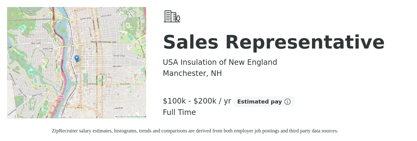 USA Insulation of New England job posting for a Sales Representative in Manchester, NH with a salary of $100,000 to $200,000 Yearly with a map of Manchester location.