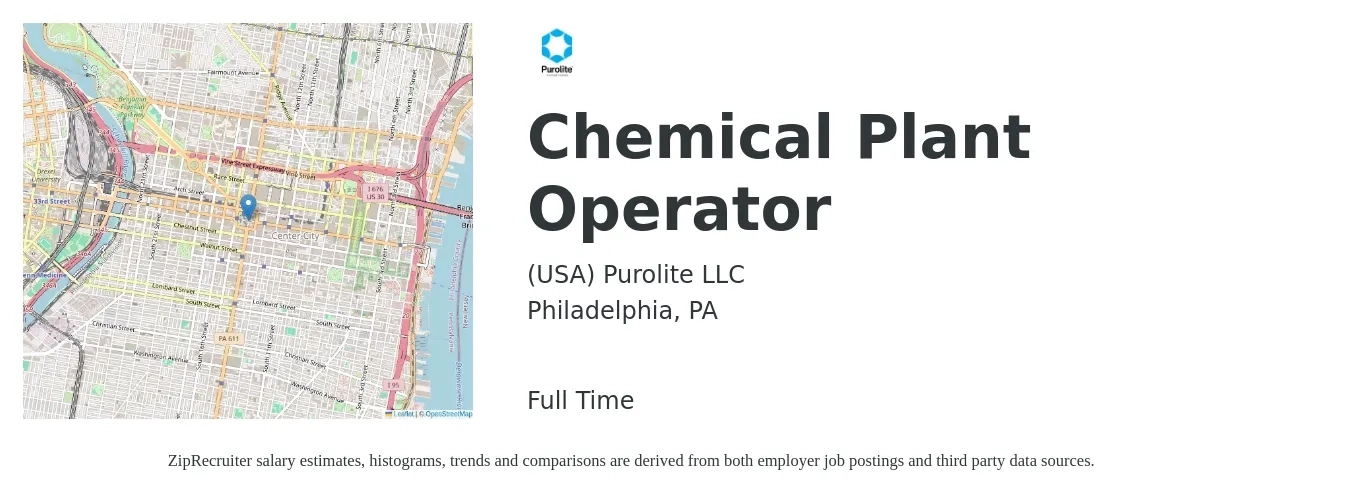 Purolite job posting for a Chemical Plant Operator in Philadelphia, PA with a salary of $28 Hourly with a map of Philadelphia location.