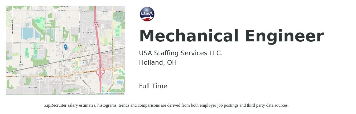 USA Staffing Services LLC. job posting for a Mechanical Engineer in Holland, OH with a salary of $70,400 to $109,300 Yearly with a map of Holland location.