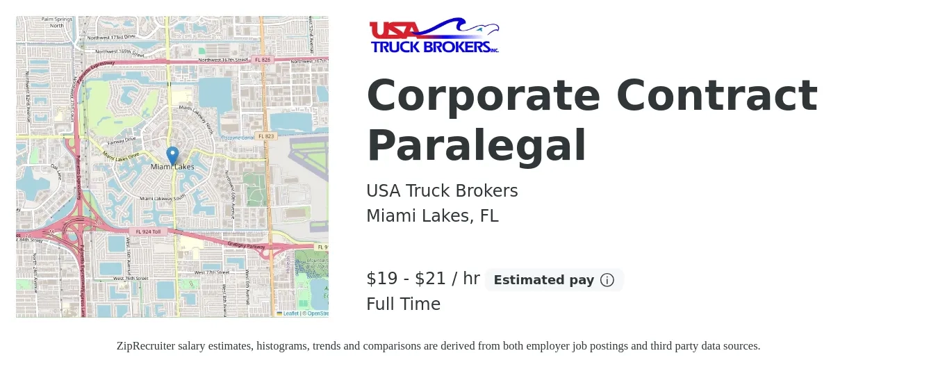 USA Truck Brokers job posting for a Corporate Contract Paralegal in Miami Lakes, FL with a salary of $20 to $22 Hourly with a map of Miami Lakes location.