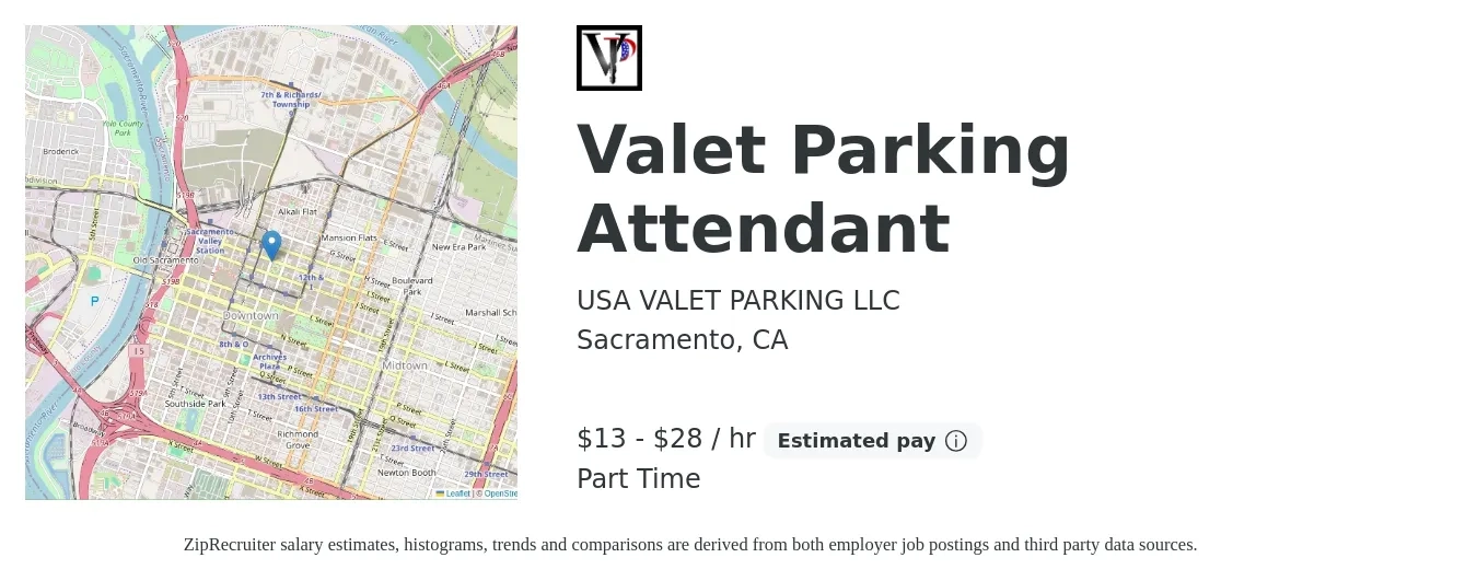 USA VALET PARKING LLC job posting for a Valet Parking Attendant in Sacramento, CA with a salary of $14 to $30 Hourly with a map of Sacramento location.