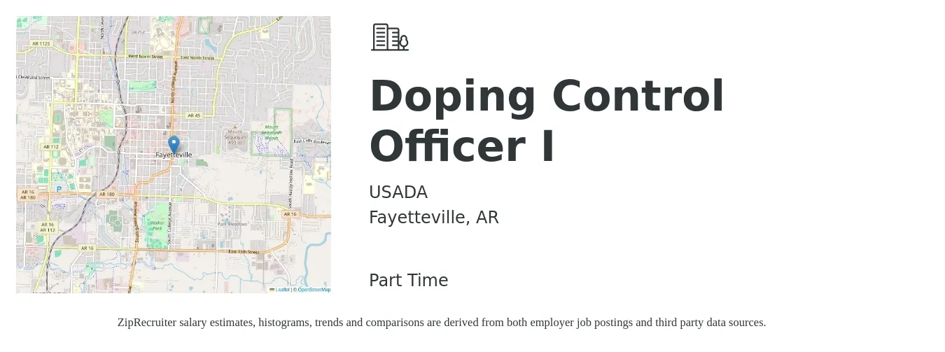 USADA job posting for a Doping Control Officer I in Fayetteville, AR with a salary of $16 to $25 Hourly with a map of Fayetteville location.