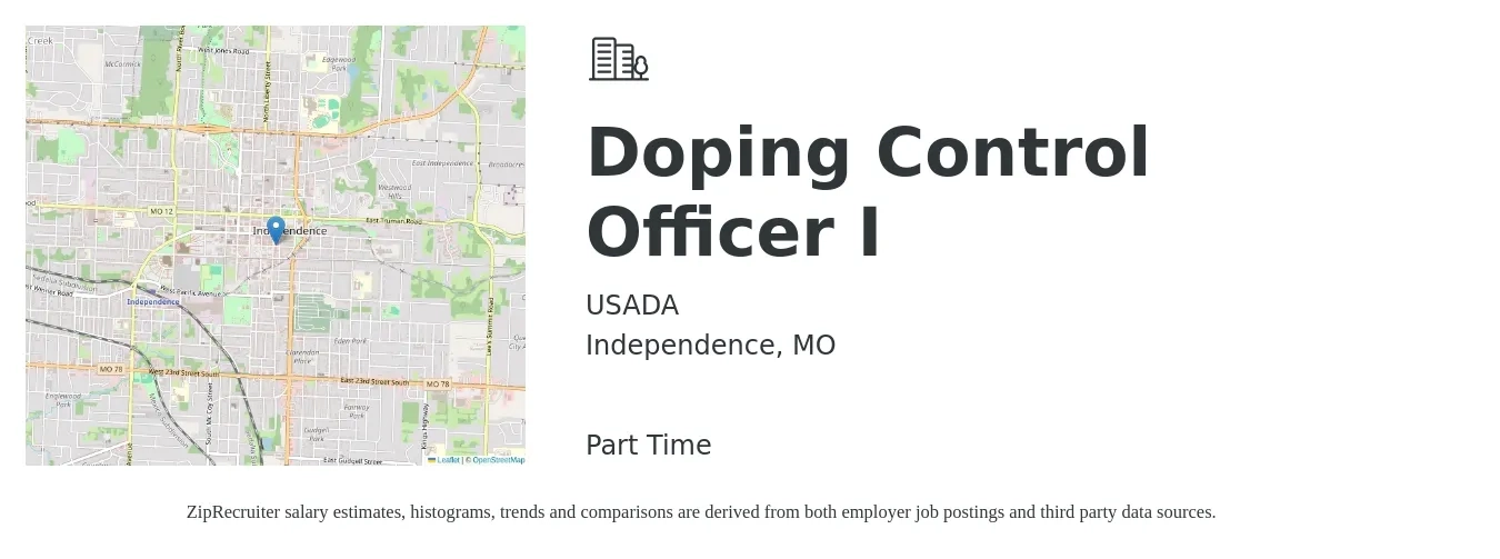USADA job posting for a Doping Control Officer I in Independence, MO with a salary of $17 to $27 Hourly with a map of Independence location.