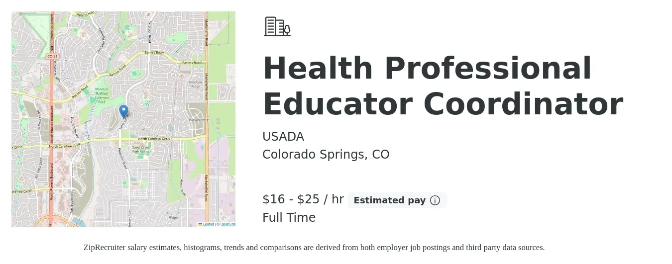 USADA job posting for a Health Professional Educator Coordinator in Colorado Springs, CO with a salary of $17 to $26 Hourly with a map of Colorado Springs location.