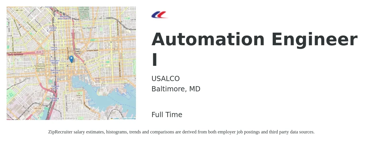 USALCO job posting for a Automation Engineer I in Baltimore, MD with a salary of $85,900 to $122,700 Yearly with a map of Baltimore location.