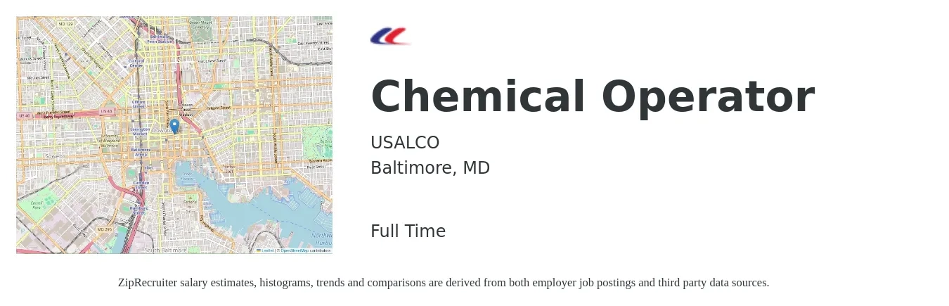 USALCO job posting for a Chemical Operator in Baltimore, MD with a salary of $19 to $22 Hourly with a map of Baltimore location.