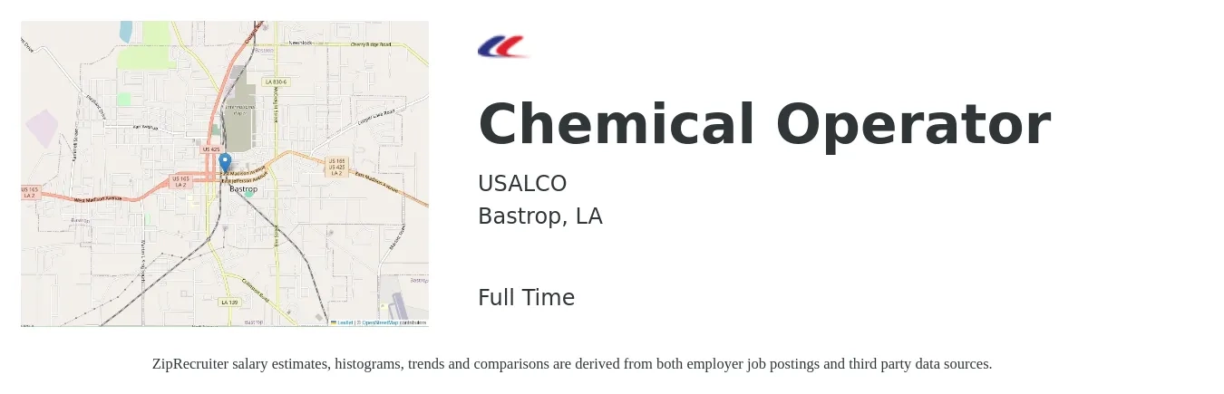 USALCO job posting for a Chemical Operator in Bastrop, LA with a salary of $15 to $18 Hourly with a map of Bastrop location.