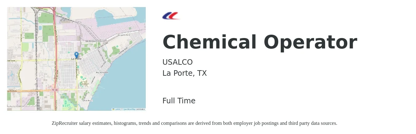 USALCO job posting for a Chemical Operator in La Porte, TX with a salary of $18 to $21 Hourly with a map of La Porte location.