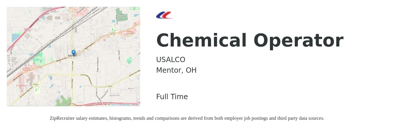 USALCO job posting for a Chemical Operator in Mentor, OH with a salary of $17 to $20 Hourly with a map of Mentor location.