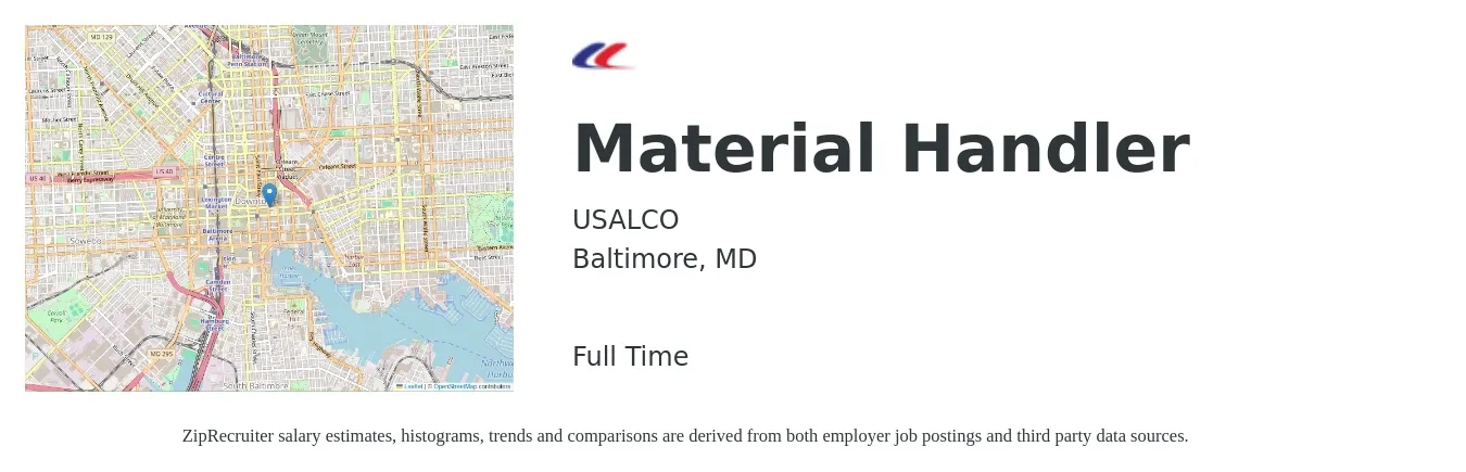 USALCO job posting for a Material Handler in Baltimore, MD with a salary of $17 to $20 Hourly with a map of Baltimore location.