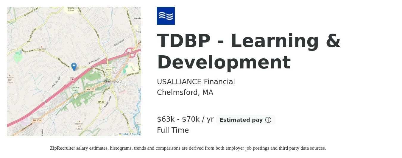 USALLIANCE Financial job posting for a TDBP - Learning & Development in Chelmsford, MA with a salary of $63,000 to $70,000 Yearly with a map of Chelmsford location.