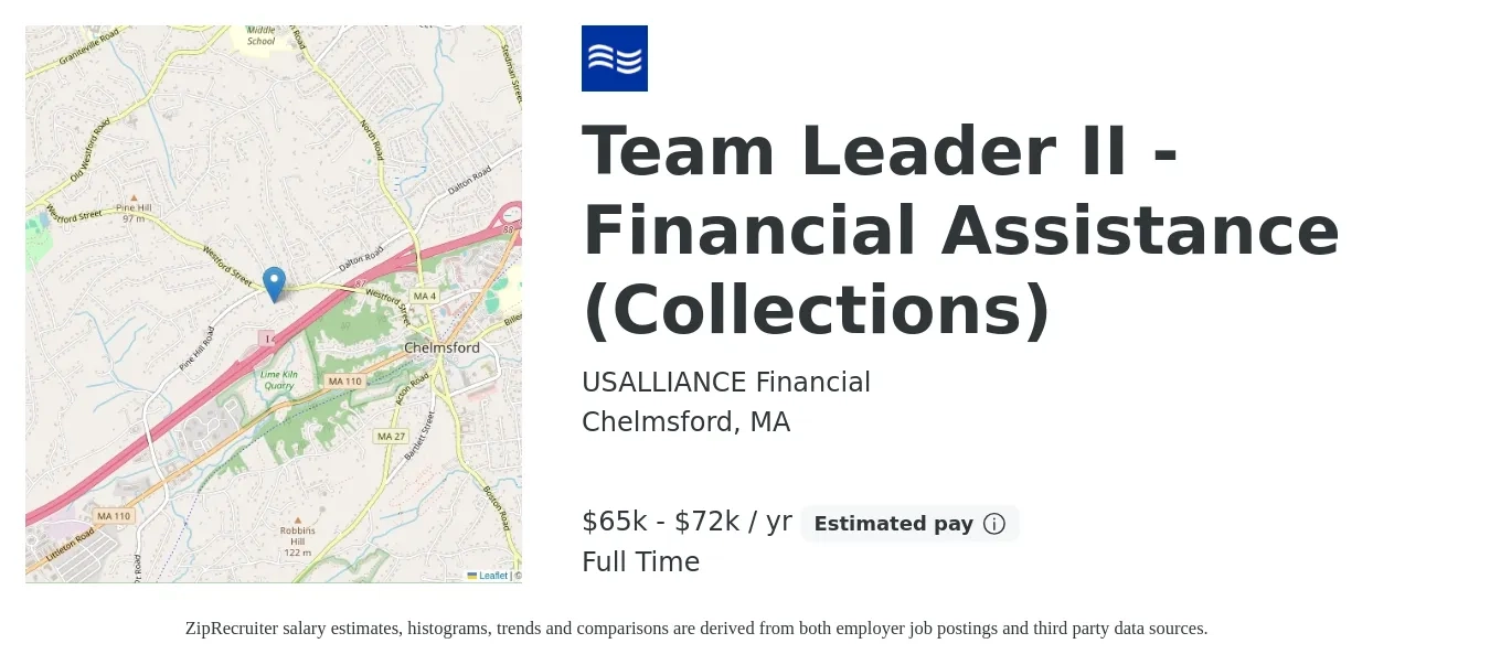 USALLIANCE Financial job posting for a Team Leader II - Financial Assistance (Collections) in Chelmsford, MA with a salary of $65,000 to $72,000 Yearly with a map of Chelmsford location.