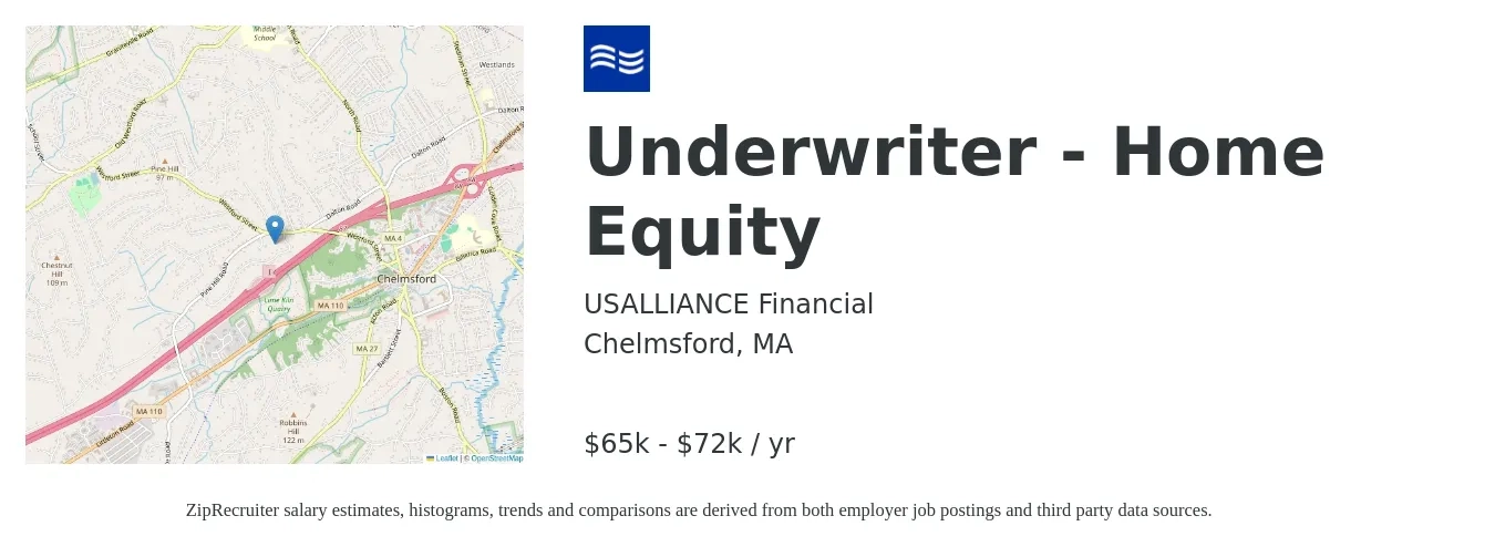 USALLIANCE Financial job posting for a Underwriter - Home Equity in Chelmsford, MA with a salary of $65,000 to $72,000 Yearly with a map of Chelmsford location.