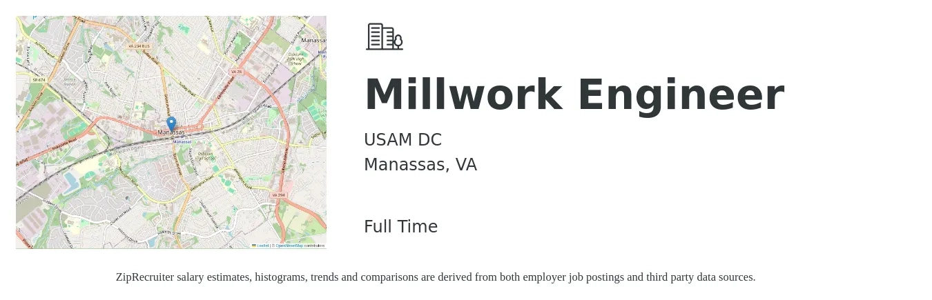 USAM DC job posting for a Millwork Engineer in Manassas, VA with a salary of $78,700 to $109,200 Yearly with a map of Manassas location.