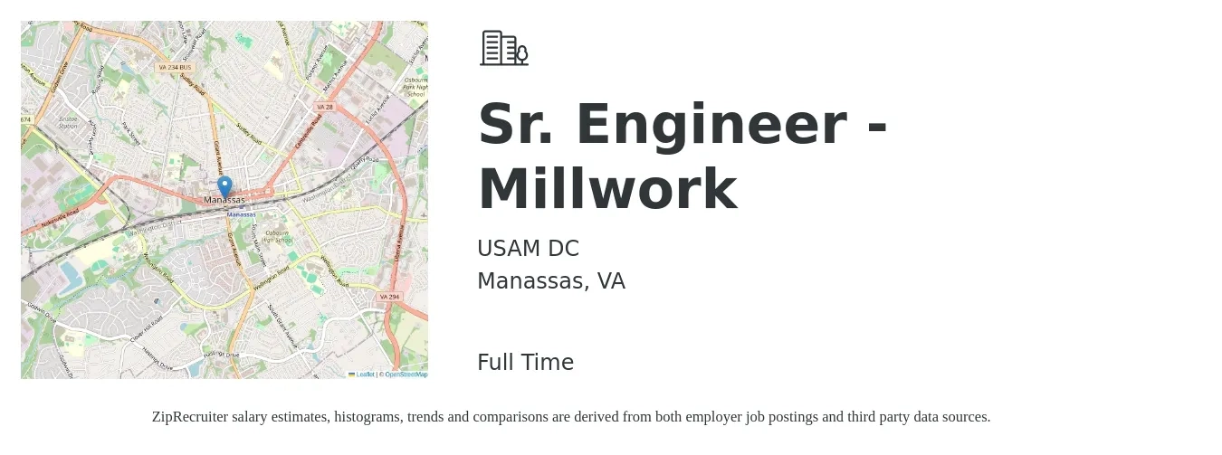 USAM DC job posting for a Sr. Engineer - Millwork in Manassas, VA with a salary of $97,900 to $134,500 Yearly with a map of Manassas location.