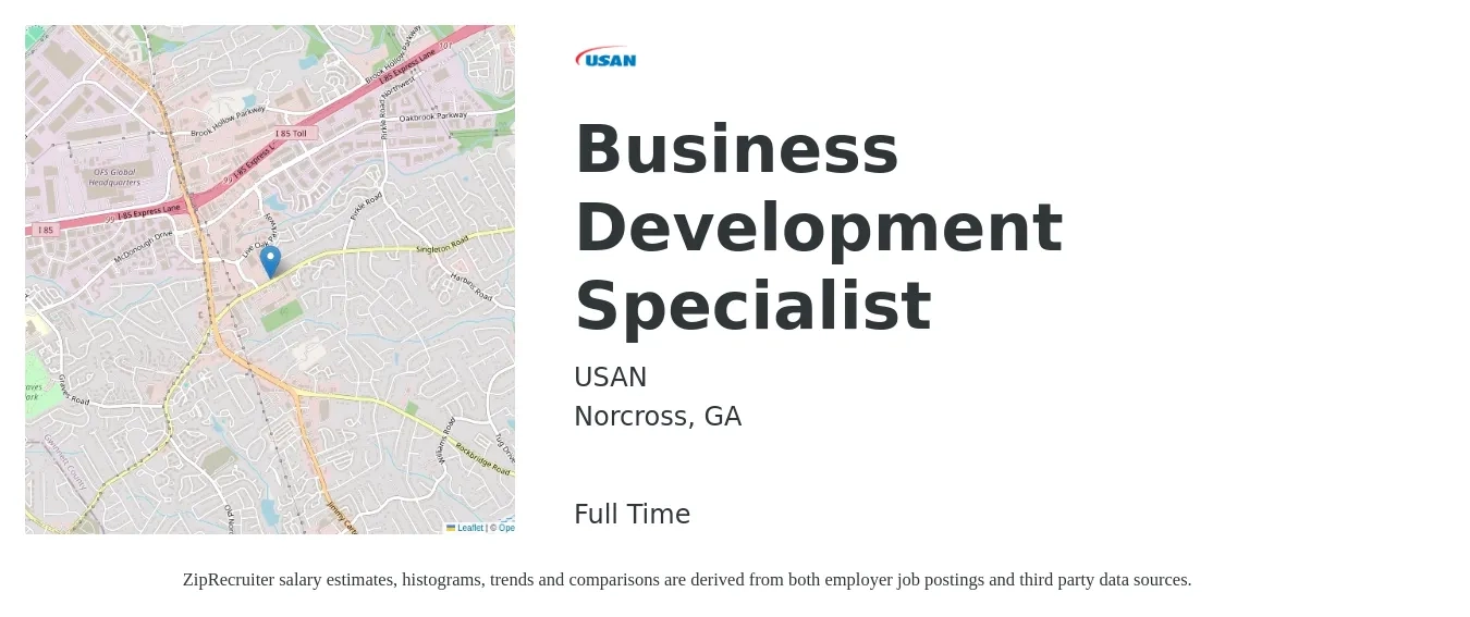 USAN job posting for a Business Development Specialist in Norcross, GA with a salary of $44,100 to $73,600 Yearly with a map of Norcross location.