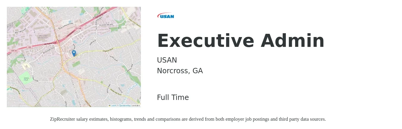 USAN job posting for a Executive Admin in Norcross, GA with a salary of $53,500 to $81,100 Yearly with a map of Norcross location.