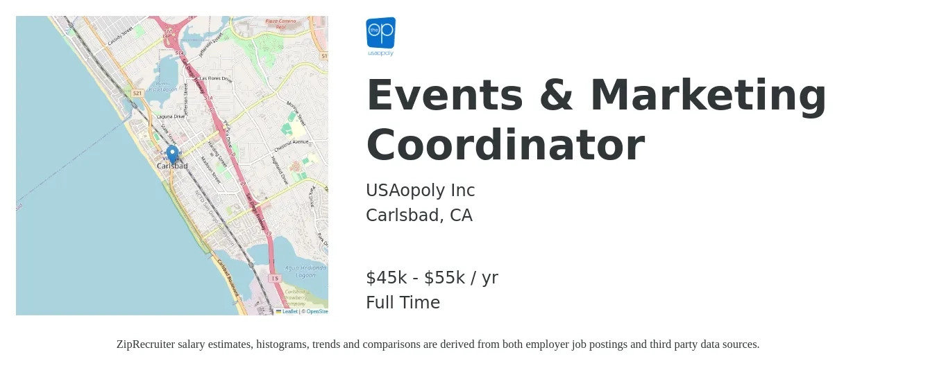 USAopoly Inc job posting for a Events & Marketing Coordinator in Carlsbad, CA with a salary of $22 to $26 Hourly with a map of Carlsbad location.