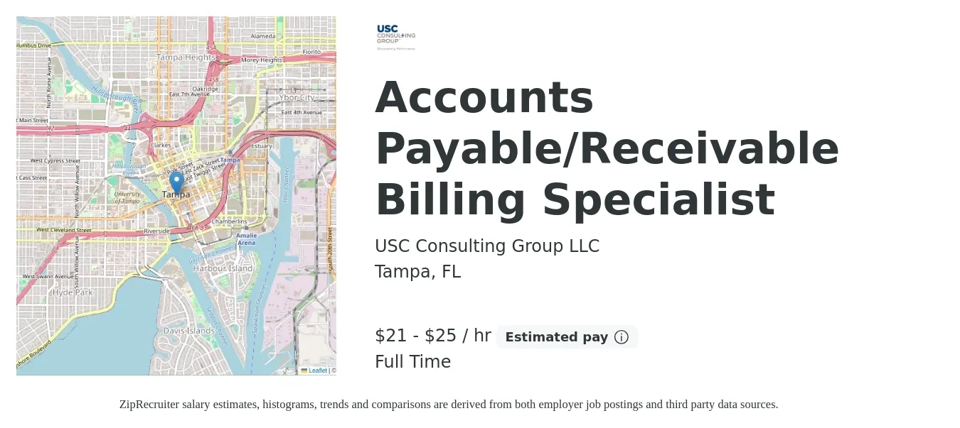 USC Consulting Group LLC job posting for a Accounts Payable/Receivable Billing Specialist in Tampa, FL with a salary of $22 to $26 Hourly with a map of Tampa location.