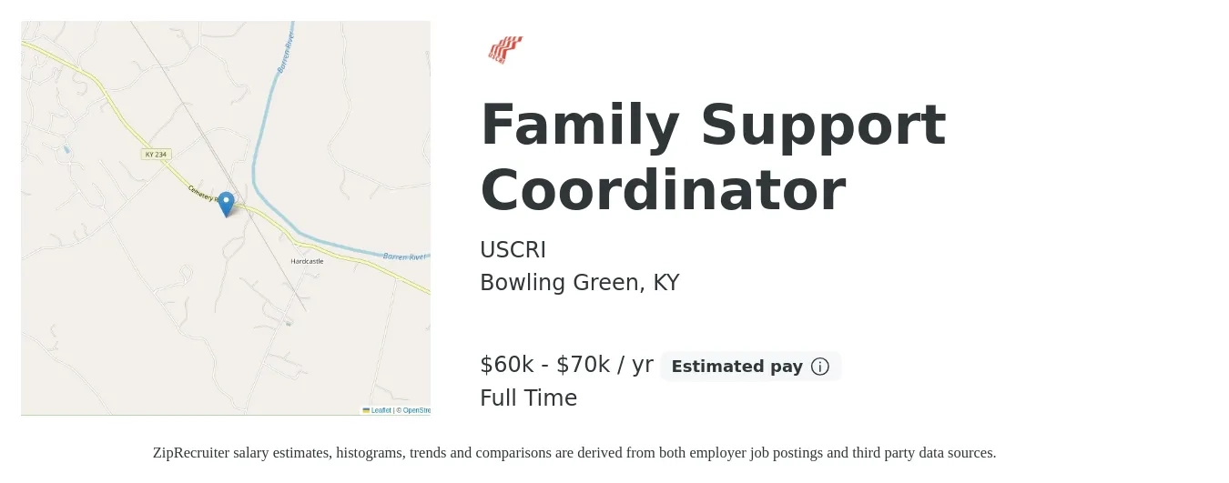 USCRI job posting for a Family Support Coordinator in Bowling Green, KY with a salary of $29 to $33 Hourly with a map of Bowling Green location.