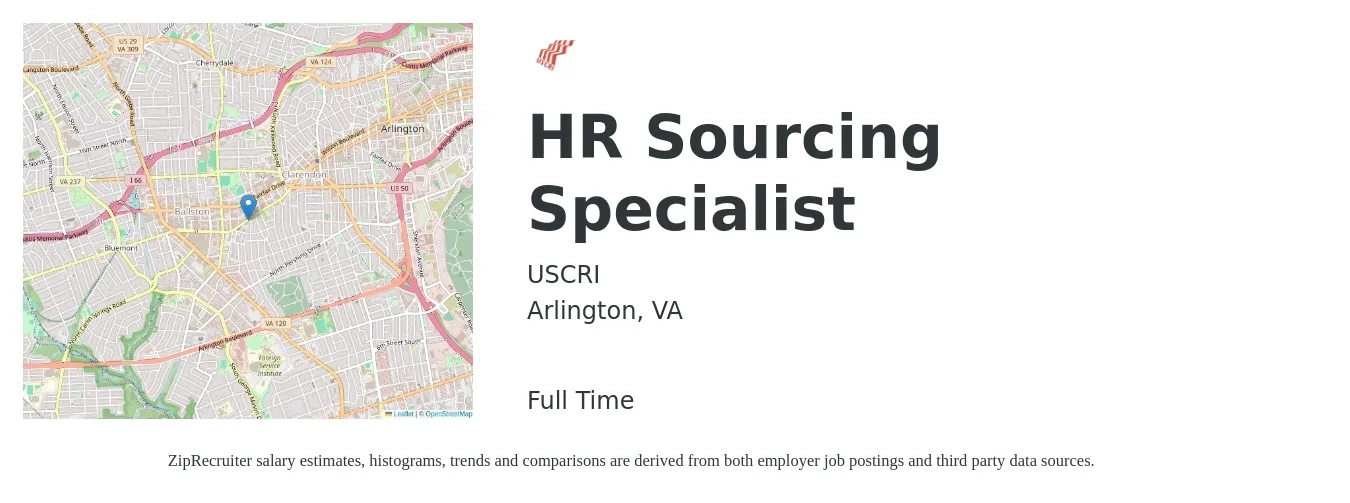 USCRI job posting for a HR Sourcing Specialist in Arlington, VA with a salary of $23 to $39 Hourly with a map of Arlington location.
