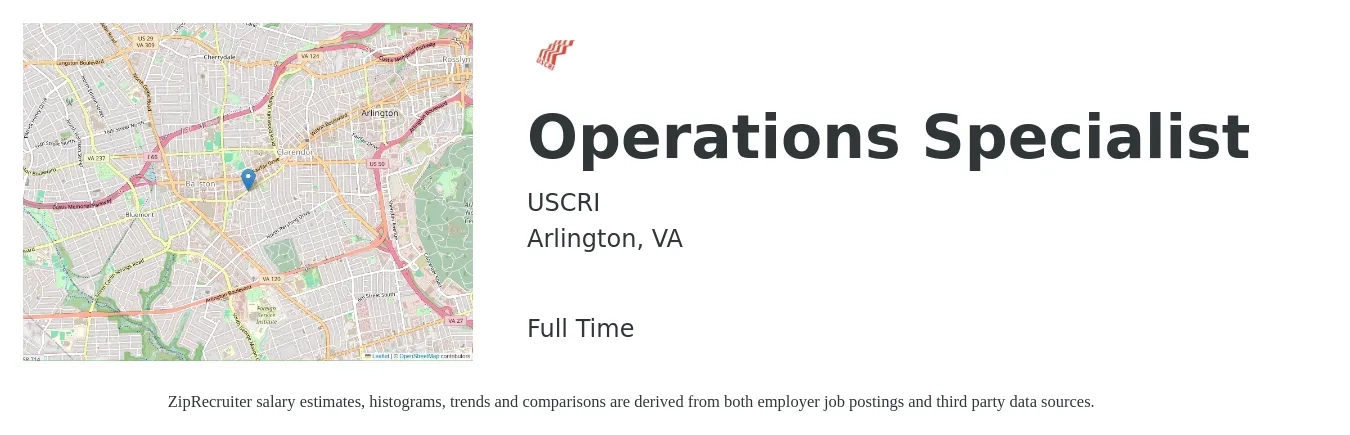 USCRI job posting for a Operations Specialist in Arlington, VA with a salary of $54,900 to $93,100 Yearly with a map of Arlington location.