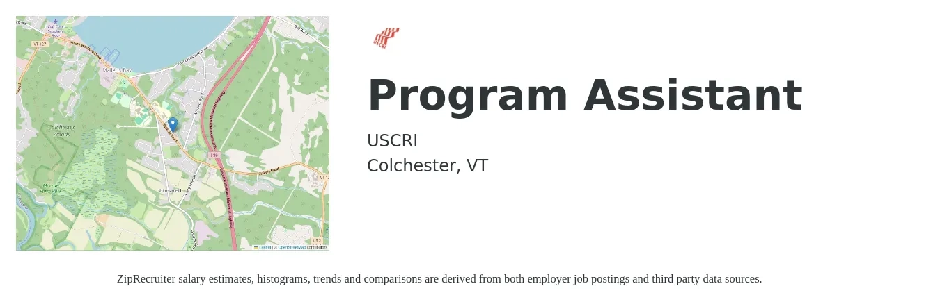 USCRI job posting for a Program Assistant in Colchester, VT with a salary of $38,700 to $49,000 Yearly with a map of Colchester location.