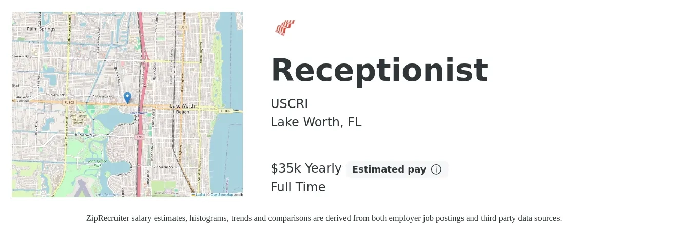 USCRI job posting for a Receptionist in Lake Worth, FL with a salary of $35,000 to $35,580 Yearly with a map of Lake Worth location.