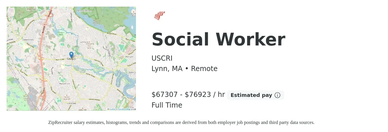 USCRI job posting for a Social Worker in Lynn, MA with a salary of $70,000 to $80,000 Hourly with a map of Lynn location.