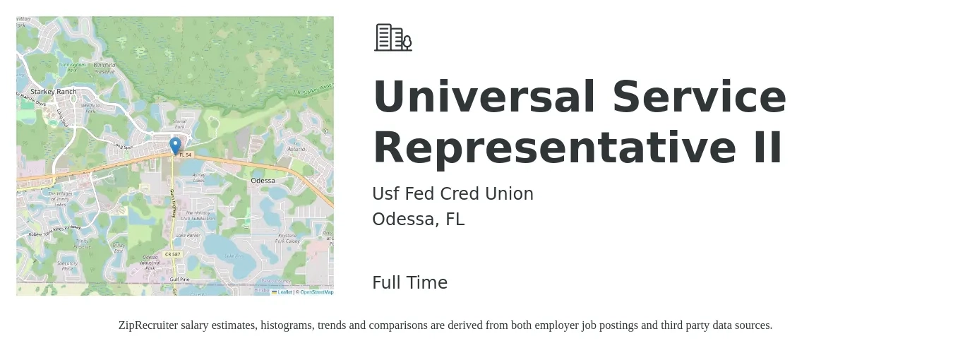 Usf Fed Cred Union job posting for a Universal Service Representative II in Odessa, FL with a salary of $11 to $17 Hourly with a map of Odessa location.
