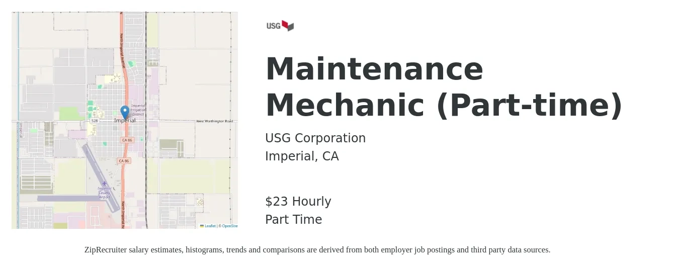 USG Corporation job posting for a Maintenance Mechanic (Part-time) in Imperial, CA with a salary of $24 Hourly with a map of Imperial location.