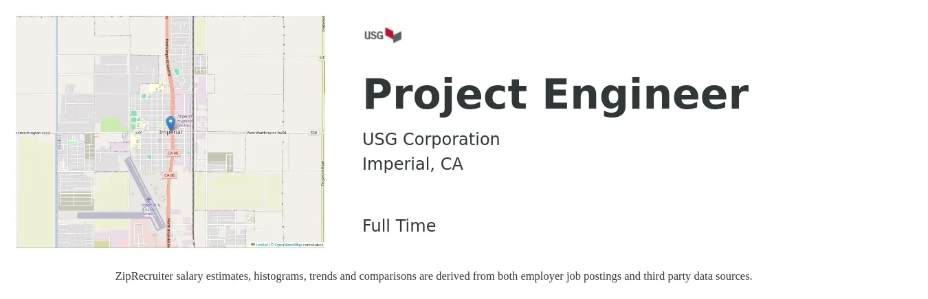 USG Corporation job posting for a Project Engineer in Imperial, CA with a salary of $81,200 to $113,500 Yearly with a map of Imperial location.
