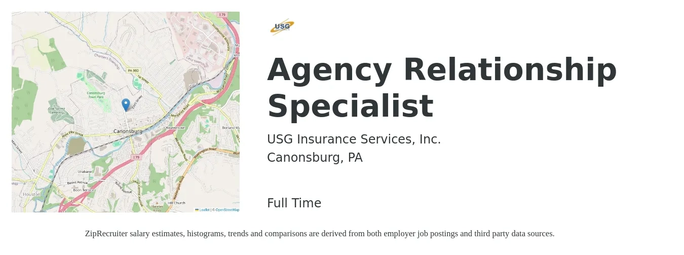 USG Insurance Services, Inc. job posting for a Agency Relationship Specialist in Canonsburg, PA with a salary of $42,300 to $76,300 Yearly with a map of Canonsburg location.