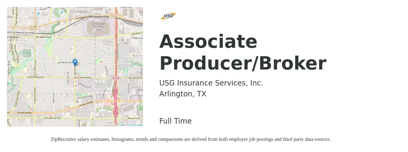 USG Insurance Services, Inc. job posting for a Associate Producer/Broker in Arlington, TX with a salary of $40,500 to $67,600 Yearly with a map of Arlington location.