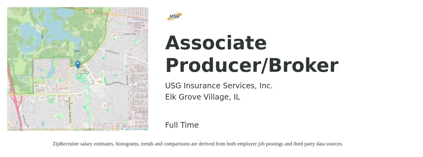 USG Insurance Services, Inc. job posting for a Associate Producer/Broker in Elk Grove Village, IL with a salary of $43,400 to $72,400 Yearly with a map of Elk Grove Village location.