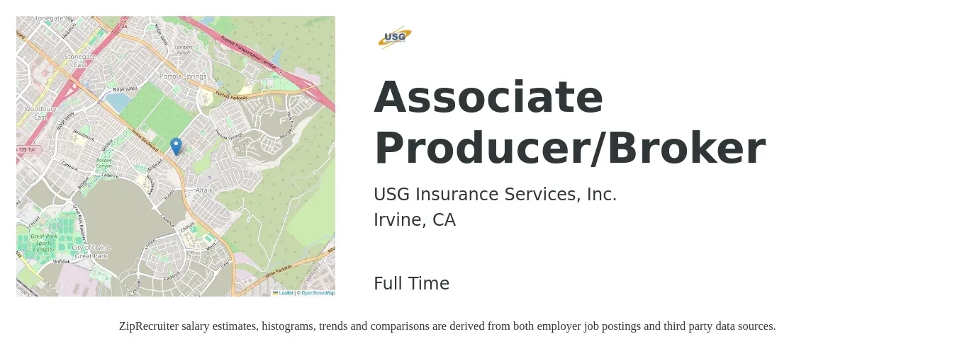 USG Insurance Services, Inc. job posting for a Associate Producer/Broker in Irvine, CA with a salary of $46,700 to $78,000 Yearly with a map of Irvine location.