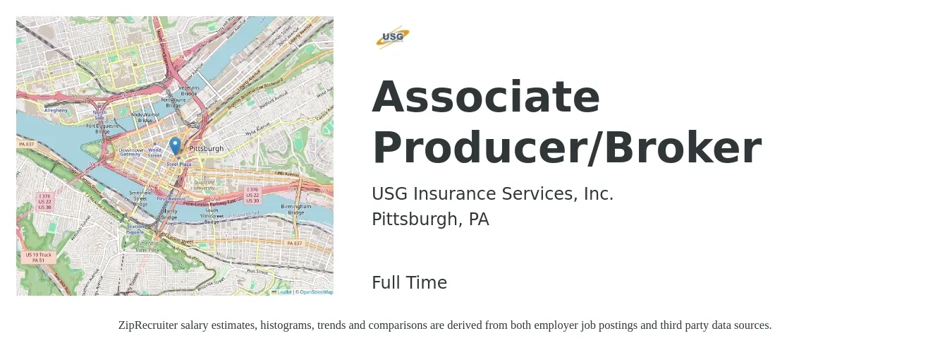USG Insurance Services, Inc. job posting for a Associate Producer/Broker in Pittsburgh, PA with a salary of $42,700 to $71,400 Yearly with a map of Pittsburgh location.