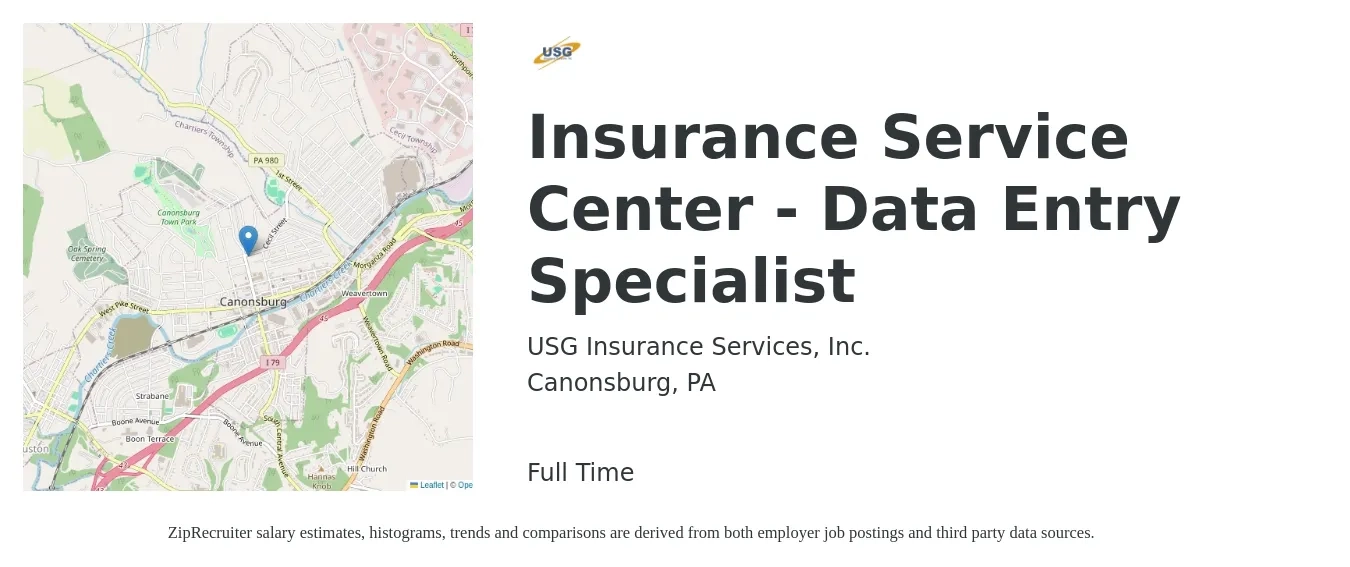 USG Insurance Services, Inc. job posting for a Insurance Service Center - Data Entry Specialist in Canonsburg, PA with a salary of $34,500 to $64,800 Yearly with a map of Canonsburg location.
