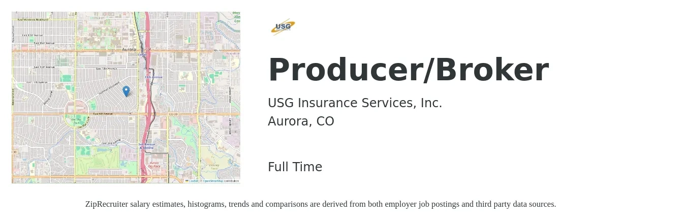 USG Insurance Services, Inc. job posting for a Producer/Broker in Aurora, CO with a salary of $62,200 to $113,100 Yearly with a map of Aurora location.