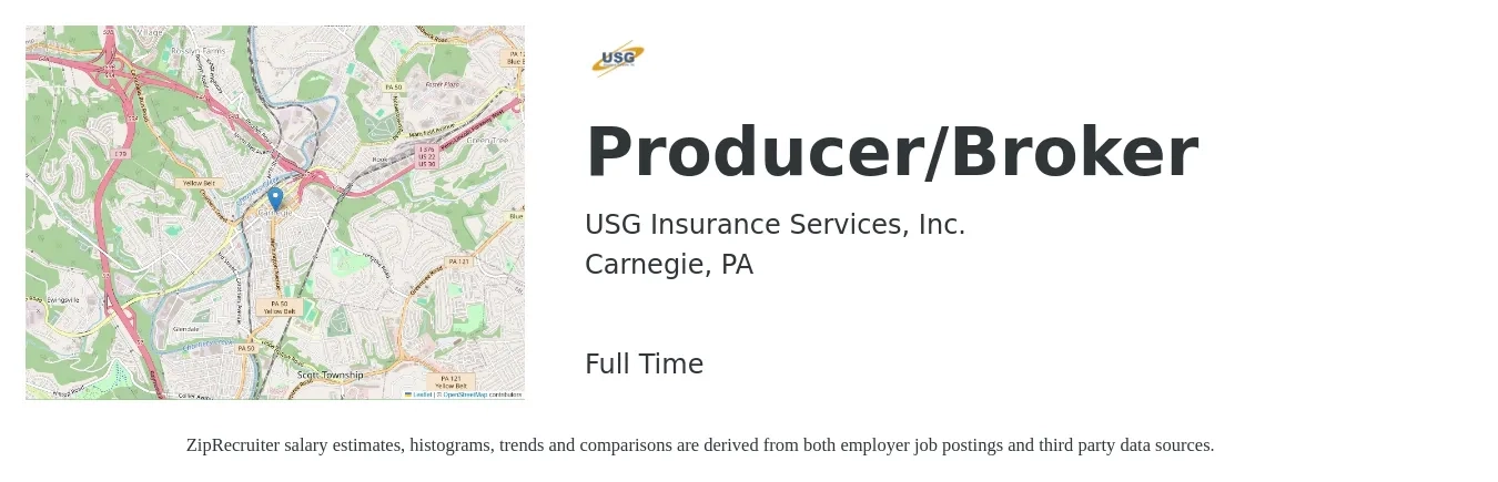 USG Insurance Services, Inc. job posting for a Producer/Broker in Carnegie, PA with a salary of $58,500 to $106,400 Yearly with a map of Carnegie location.