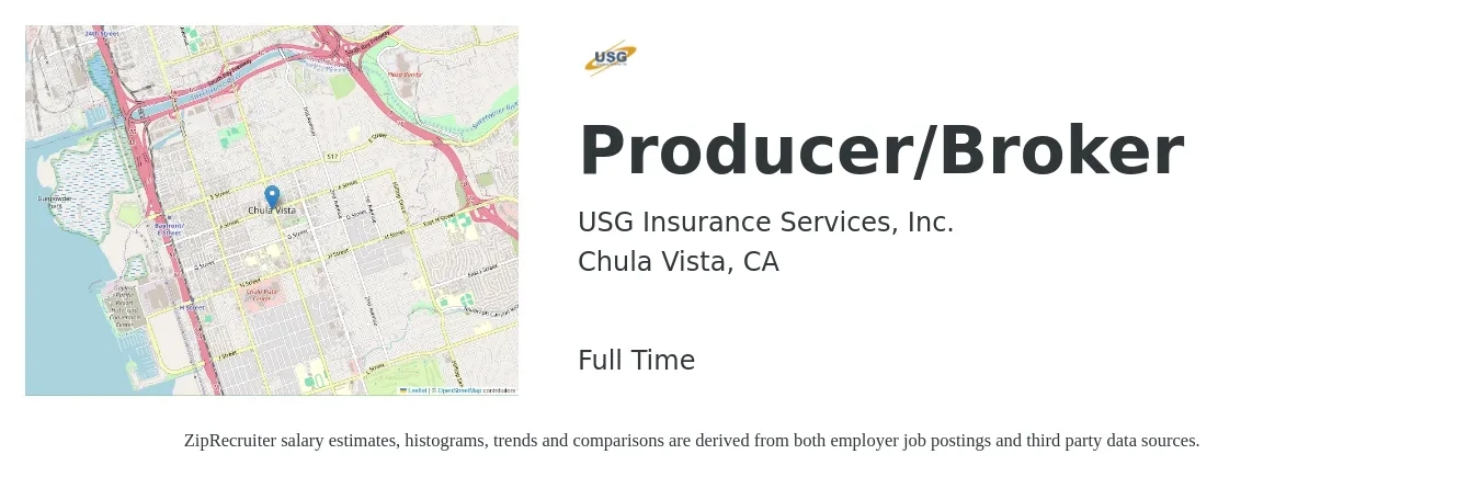 USG Insurance Services, Inc. job posting for a Producer/Broker in Chula Vista, CA with a salary of $63,200 to $115,000 Yearly with a map of Chula Vista location.