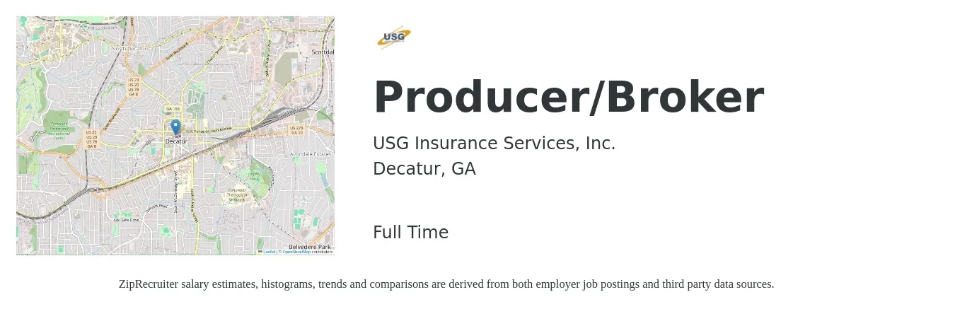 USG Insurance Services, Inc. job posting for a Producer/Broker in Decatur, GA with a salary of $59,600 to $108,400 Yearly with a map of Decatur location.
